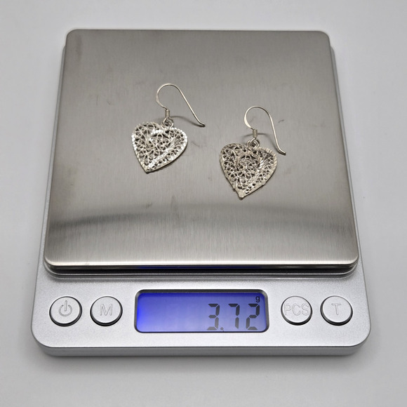 Vintage Sterling Silver Heart Earrings Diamond Cut Open Work Ornate Boho Classic - Picture 8 of 13